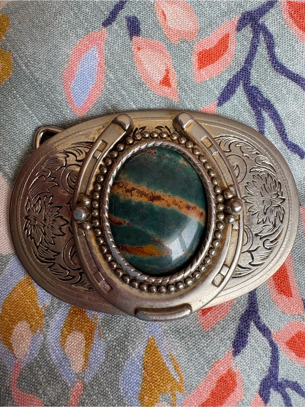 Vintage Western Engraved Belt Buckle with Bloodstone Jasper Cabochon